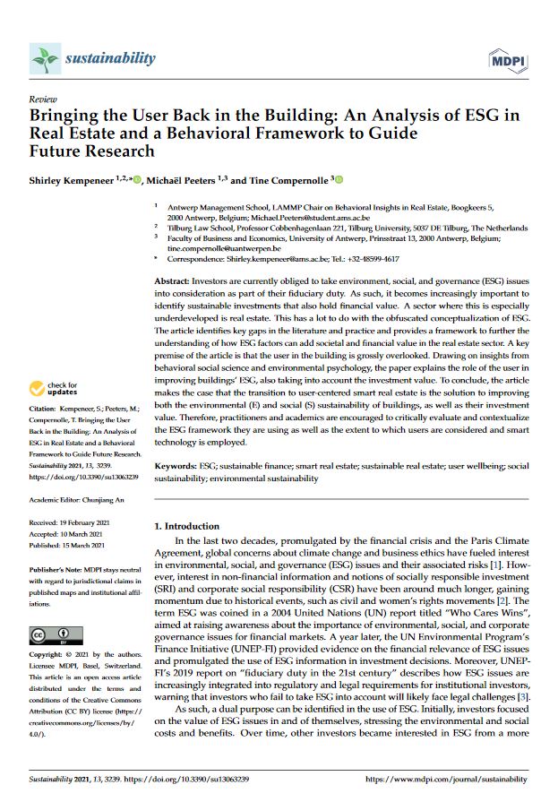 Bringing the user back in the building: an analysis of ESG in Real Estate and a framework to guide future research